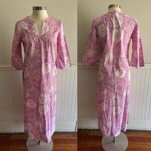 Bahama Hand Prints Kaftan Tunic Dress Pink Purple Beachy Resort Vacation XS